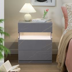 LED Nightstand Modern Night Stand for Bedroom Bedside Table, Set Of 1, Grey & Gold 