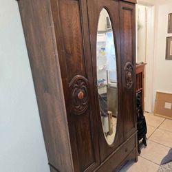 Vintage English Edwardian Style Mahogany Wardrobe Cabinet With Oval Mirror and Drawer
