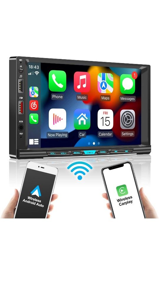 Wireless iOS Carplay & Android Auto, Double Din Car Stereo with Voice Control,7 Inch HD Touchscreen,Mirror Link,Bluetooth 5.1, AM/FM Car Radio
