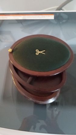 Antique Mahogany Hinged Sewing Box with Velvet Pincushion