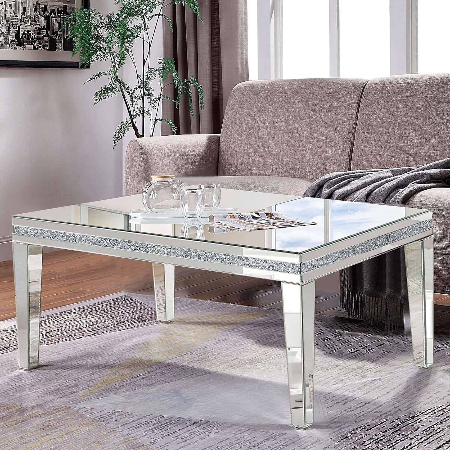 Silver Mirrored Coffee Table, Rectangle Living Room Tables with Crystal Inlay, Gorgeous Modern Mirror Coffee Table Mirrored Furniture for Living Room,