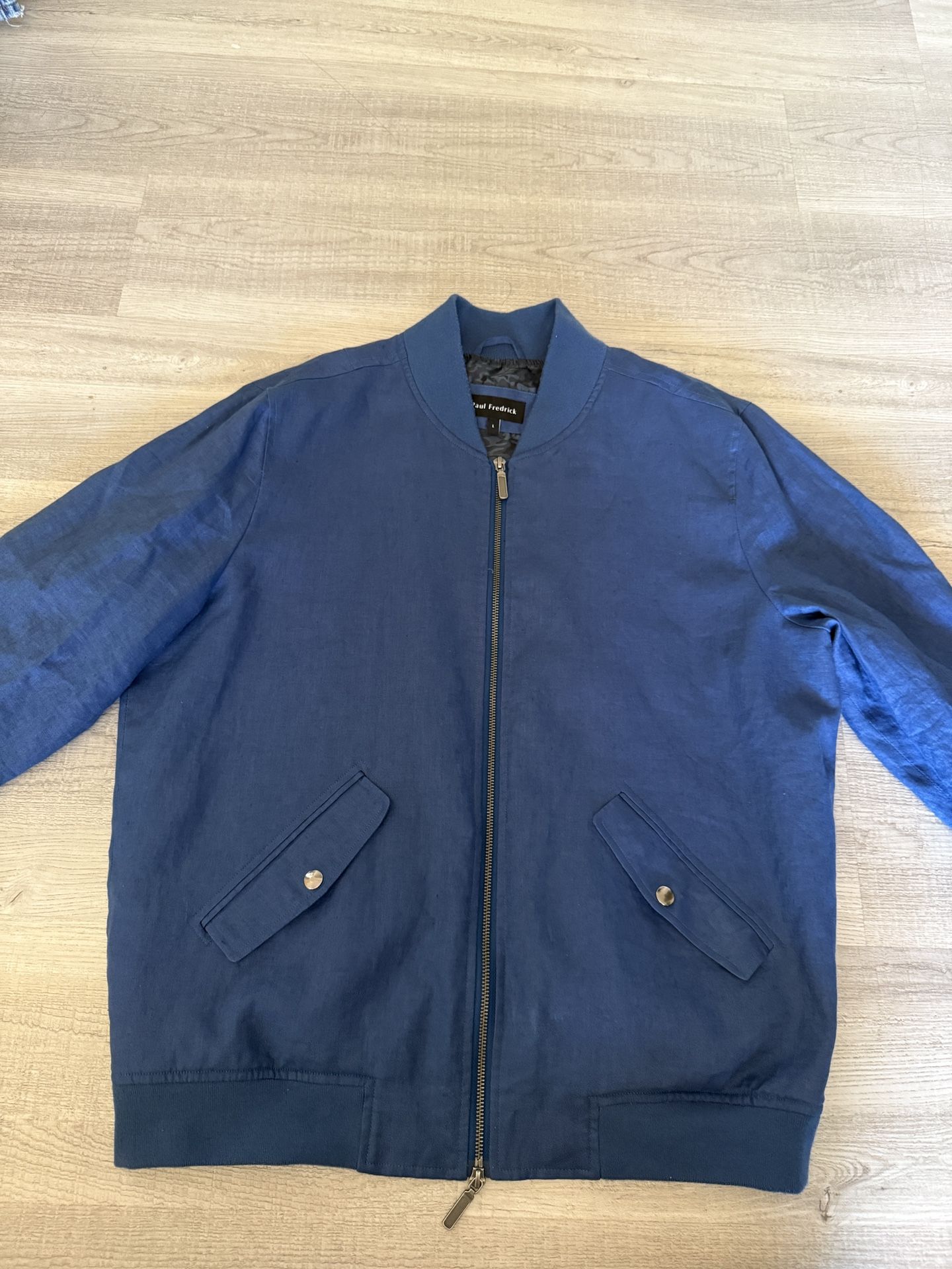 Paul Fredrick LARGE Blue Linen Bomber Jacket Lined Size L
