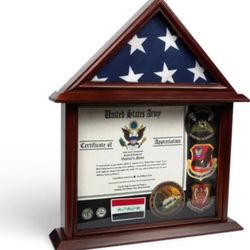 Flag and Memorabilia display case, Fits 3'x5' Flag 17"Wx20"H,Mango NEW