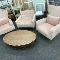Assembled New 4 Pcs Indoor  Furniture w/ 3 Pink Accent Velvet  Chairs  and Wooden Coffee Table Set 