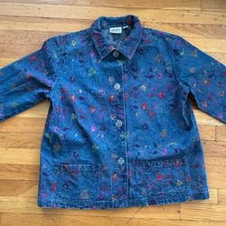 Chico’s Design Blue Jeans Floral Embroided Jacket Size 3