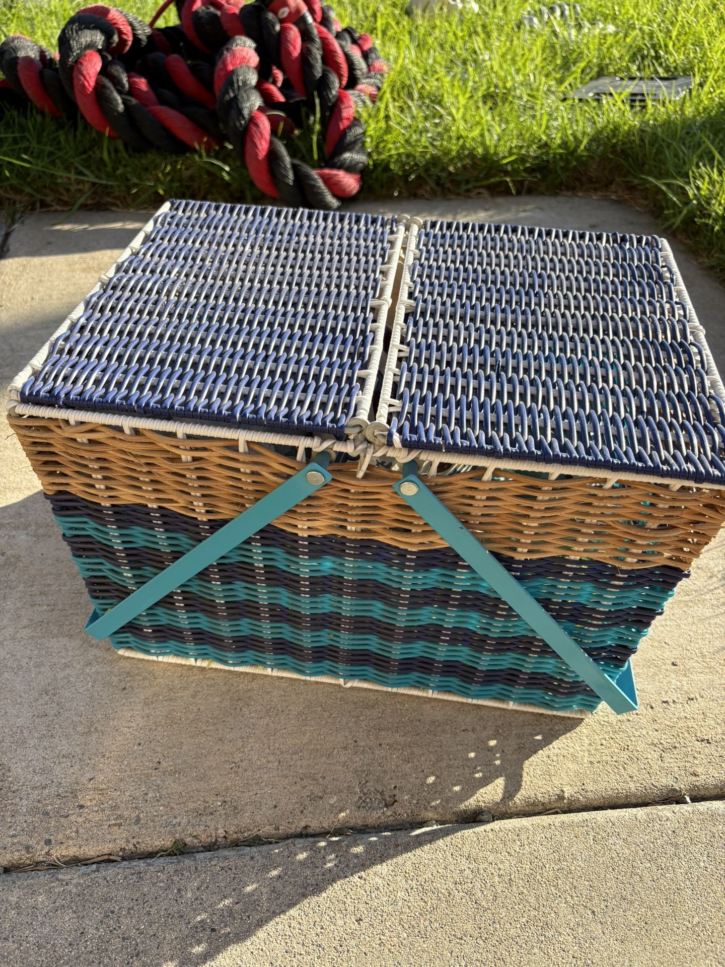 Brand New Wicker Picnic Basket with Dinnerware and Blanket