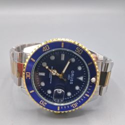 New ORUSS 1853 Blue Dial Two-Tone Metal Bracelet Diver Quartz Date Analog Box