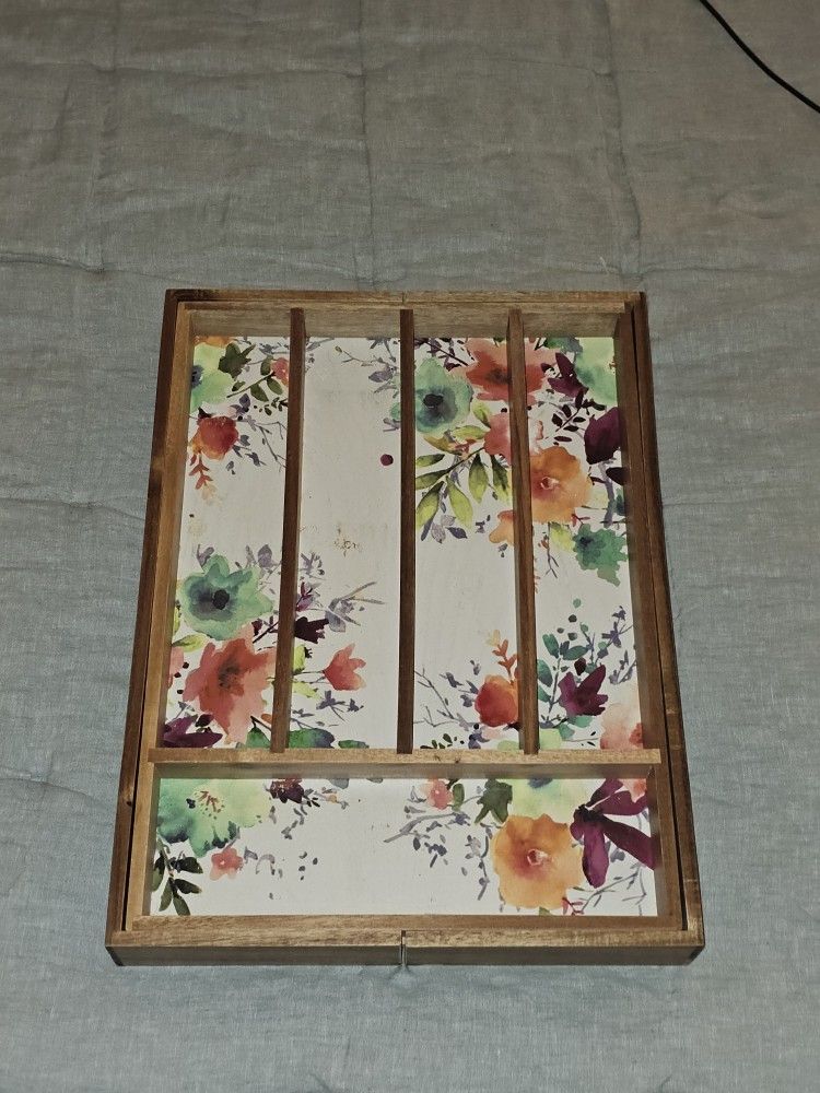 Wooden and floral print farmhouse style silverware drawer organizer