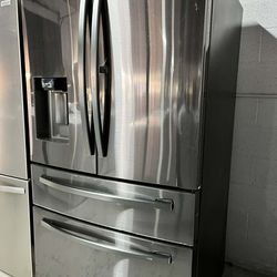 The Samsung is a popular 28 Cu. Ft., 4-Door French Door Refrigerator in Fingerprint Resistant Black Stainless Steel, known for its Food Showcase Door