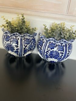 Blue and White Ceramic Planters Set of 2