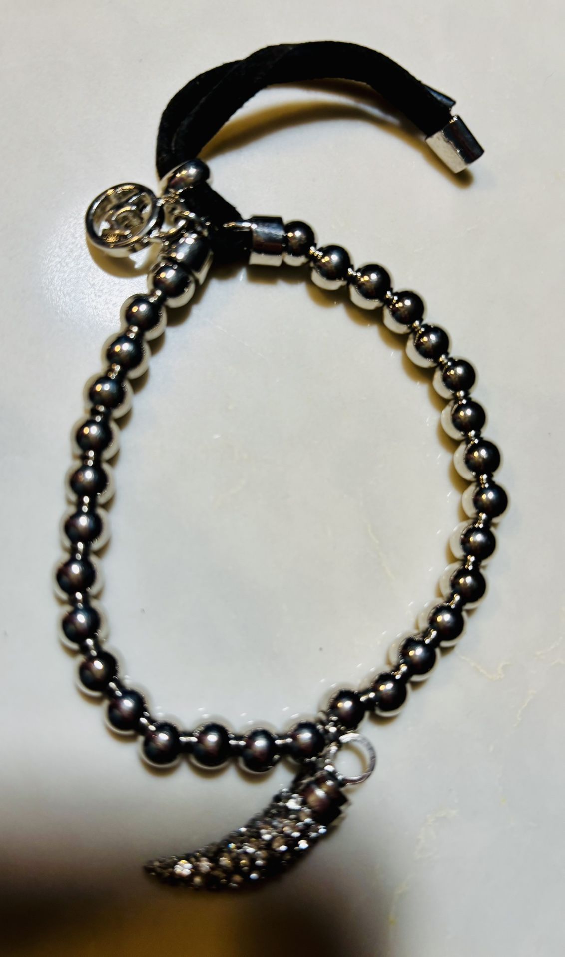 M KORS Silver Pave Crystal Italian Horn Leather Beaded Stretch Bracelet NWOT