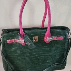 Pink and Emerald Shiny Faux Crocodile Brushed Gold Hardware Handbag - New