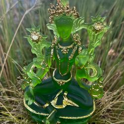 Green Tara Goddess Statue With Gold Leaf Design 