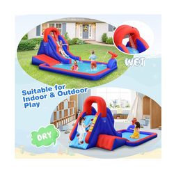 Inflatable Water Slide, Surfing Waterslide Bouncer Park for Kids Outdoor Fun w/Large Splash Pool & 2 Swimming Rings, Water Slides Inflatables for Kids