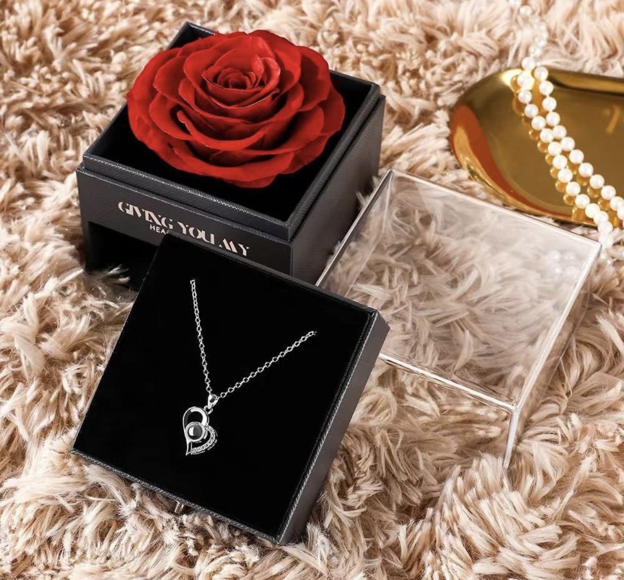Valentines Day Gifts for Her Preserved Real Rose with I Love You Necklace