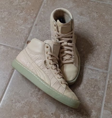 Puma Basket Mid Ali Zapatillas Leather Sneakers Khaki-Gold Wmn 8.5