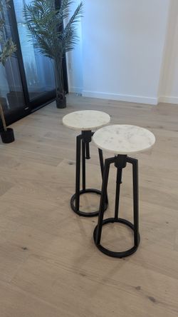 Powell White Marble Top Drink Industrial Style Black Metal Adjustable Height Base Muriel Side Table