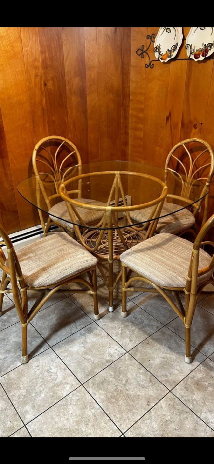 Dining Table Kitchen Food Table Bamboo Rattan 4 Chairs