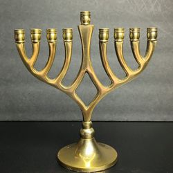 Brass 7" Hanukkah Menorah 9 Branches Ribbed Candle Caps