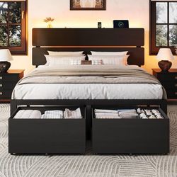 Queen Led Bed Frame, 2 Storage Drawers, Charging Station, Black Heavy Duty Metal Slats Support, Platform Bed with Wooden Storage Headboard, No Box Spr