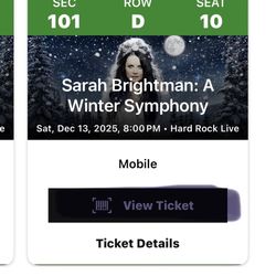 Sarah Brightman Row D 3 Tickets Together
