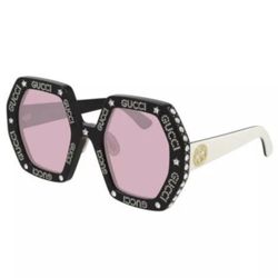 NEW! Authentic Gucci GG0772S 012 Sunglasses Black/White Pink Lenses Rhinestones