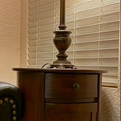 Two Cherry dark wood end table and two lamps
