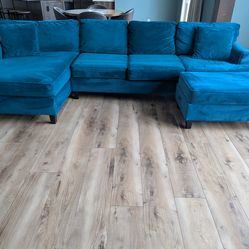 Teal velvet sofa with chaise and ottoman 131"