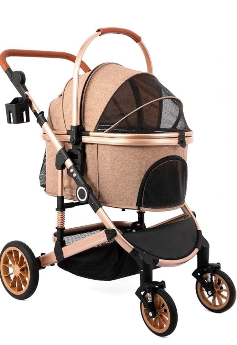 Pet Stroller with 4 Wheels, Foldable Pet Travel Carrier for Small/Medium Dogs Cats up to 50lbs
