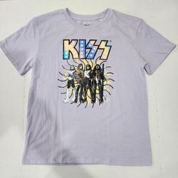 Girls' Kiss Oversized Graphic T-Shirt - Lilac Purple L: Cotton-Polyester, Crew Neck, Short Sleeve