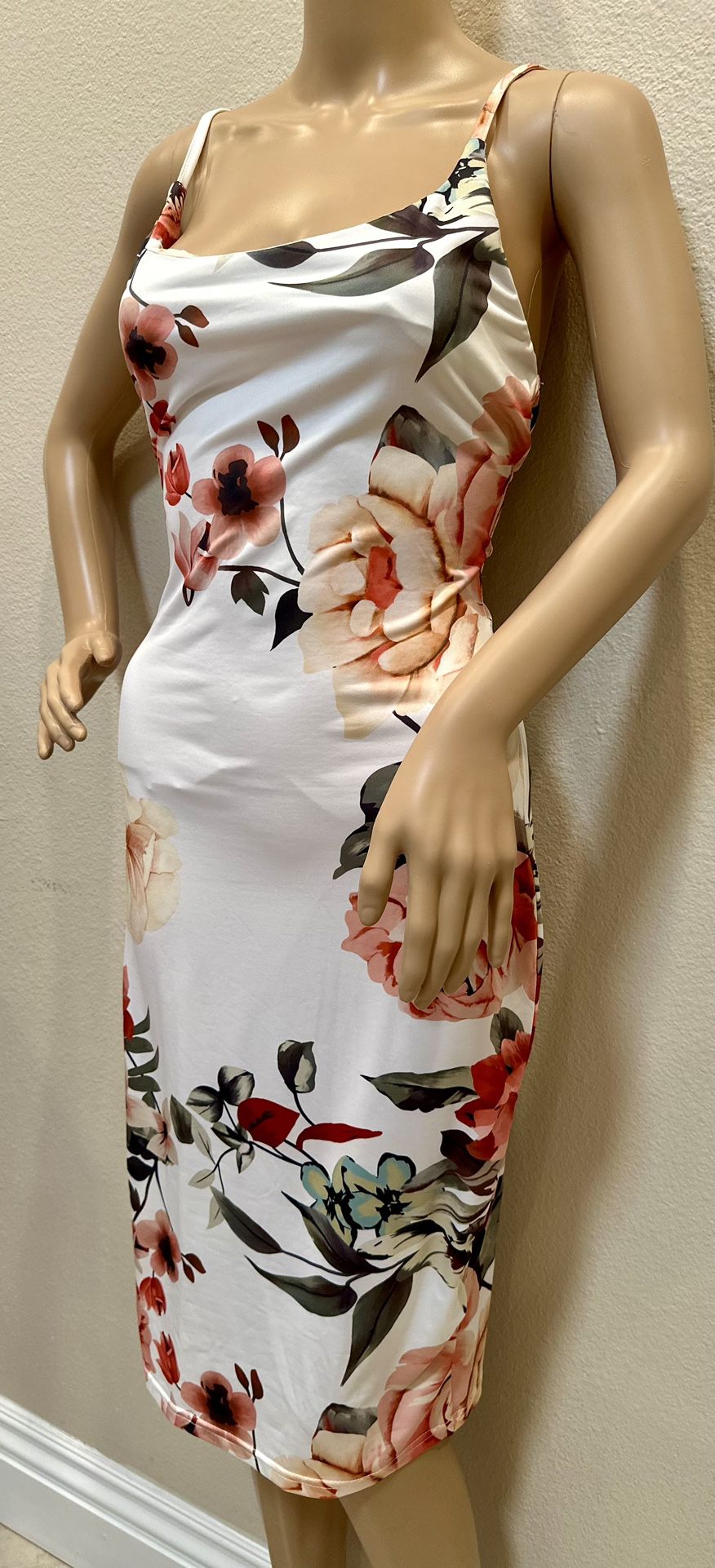 Summer Spring Orange Floral Print Bodycon Midi Dress Medium 6