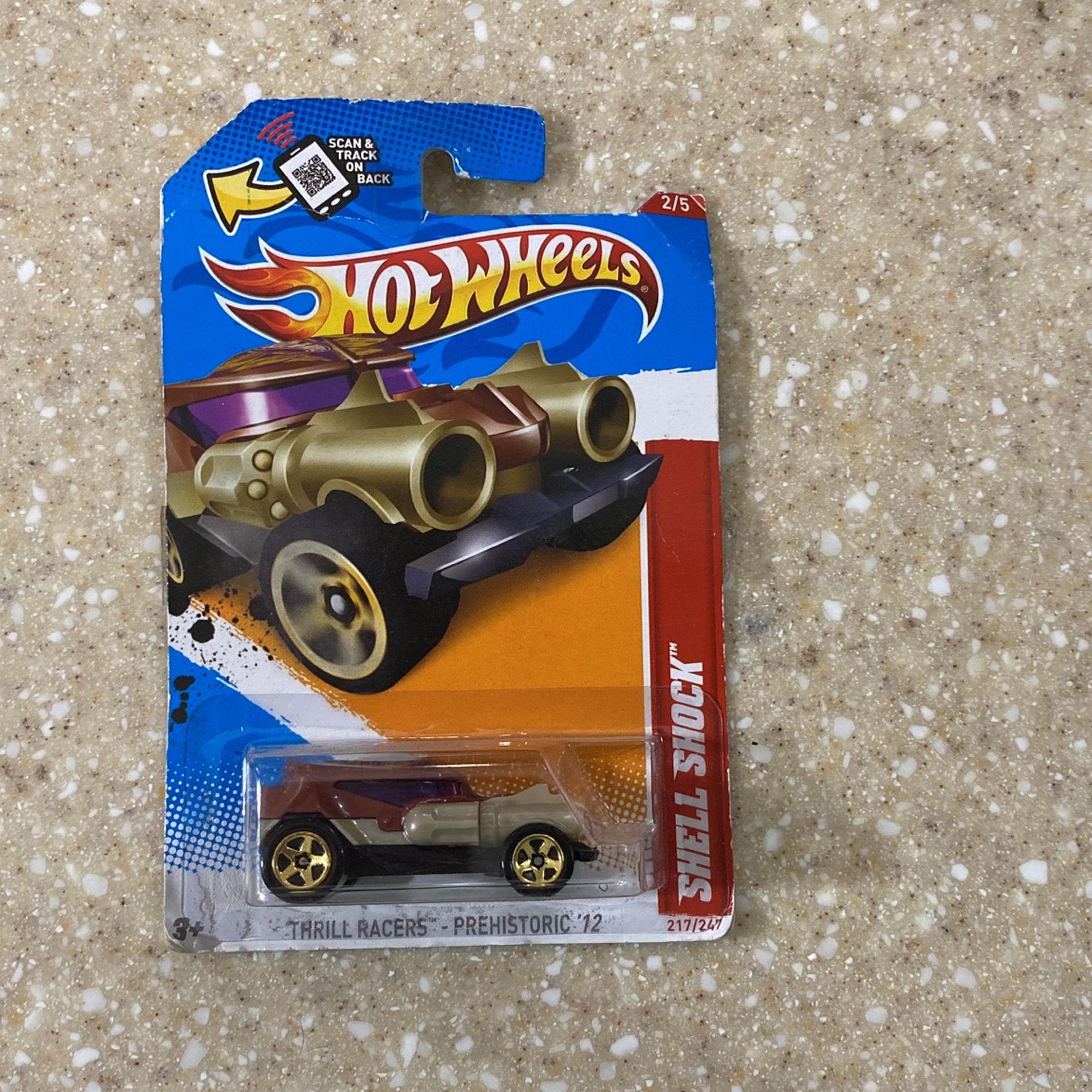2012 Hot Wheels #217 Thrill Racers-Prehistoric 2/5 SHELL SHOCK Brown w/Gold 5 Sp