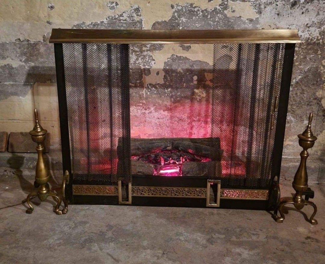 Vintage Victorian Brass Fireplace Frame/w Andirons &Electric Glow Logs