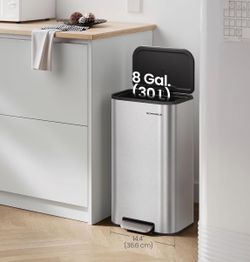 Kitchen Trash Can, 8-Gallon (30 L) Garbage Can with Lid, Stainless Steel, Soft Close and Stays Open, Inner Bucket, Wide Non-Slip Pedal, Metallic Silve