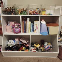 Kids Bin Storage and Book Case, Cabinets for Organizing, Shelving, White Finish 