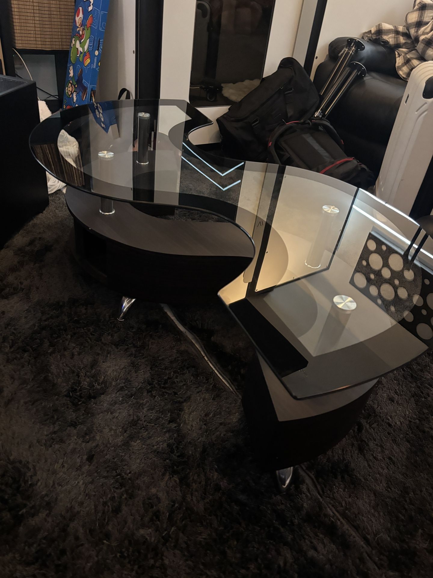 Modern S-Shaped Glass Coffee Table with Bamboo Storage