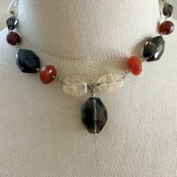 Smoky Quartz Carnelian Mixed Gemstone Statement Necklace