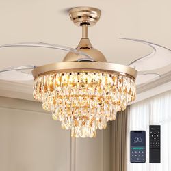 CROSSIO 48" Crystal Ceiling Fans With Lights And Remote, Dimmable, 6 Speeds, Luxury Chandelier Fan Rose Gold Crystal Fandelier For Dining Room Living 