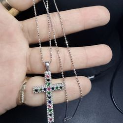 925 Silver Moon Cut Beaded Necklace & Cross 20”-22”