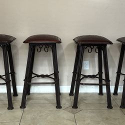 Bar Stools, Spanish Style, Leather And Rod Iron