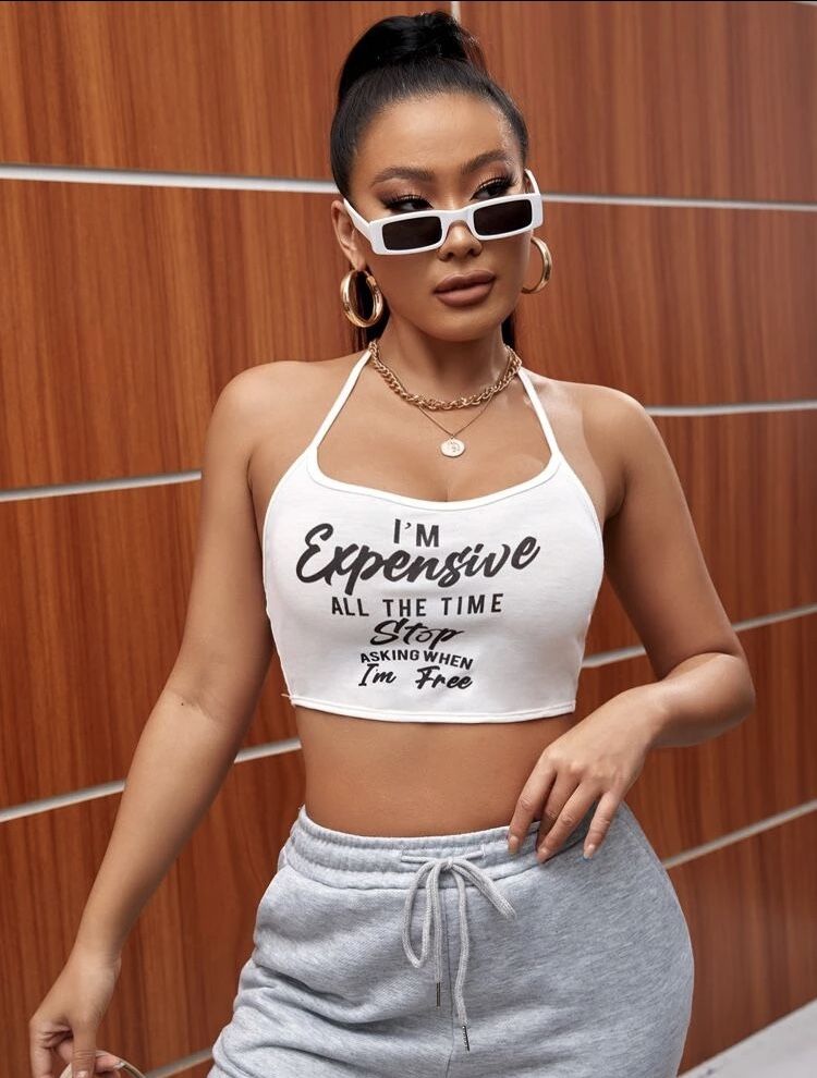 Slogan Graphic Backless Crop Halter Top.