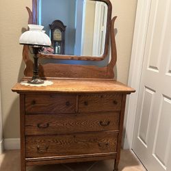 Antique Solid Oak Dresser with Mirror.