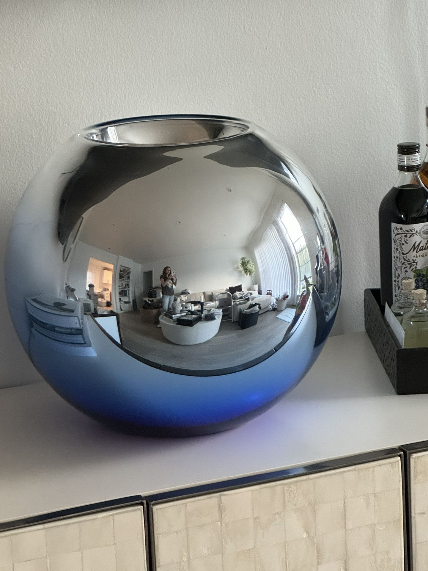 Large Christofle Metal Glass Uni Vase Blue Silver