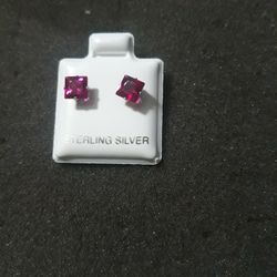 Sterling Silver Square Ruby Cz Earrings 5mm