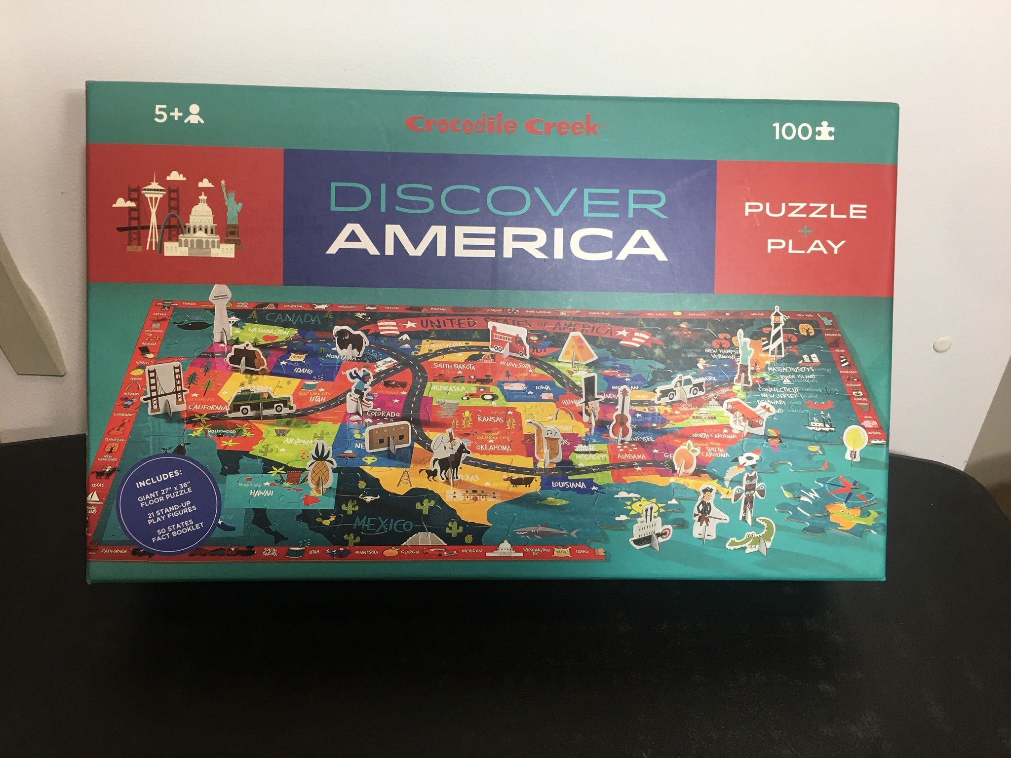 100 Piece Discover America Learning Puzzle and Play Put together the puzzle and than play a learning game on it 27”x36” floor puzzle 21 stand up and p