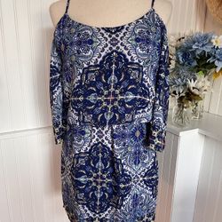 Blue Paisley Print Cold Shoulder Blouson Dress