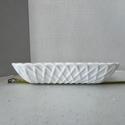 Vintage Milk Glass Basket Weave Oval Relish Dish 