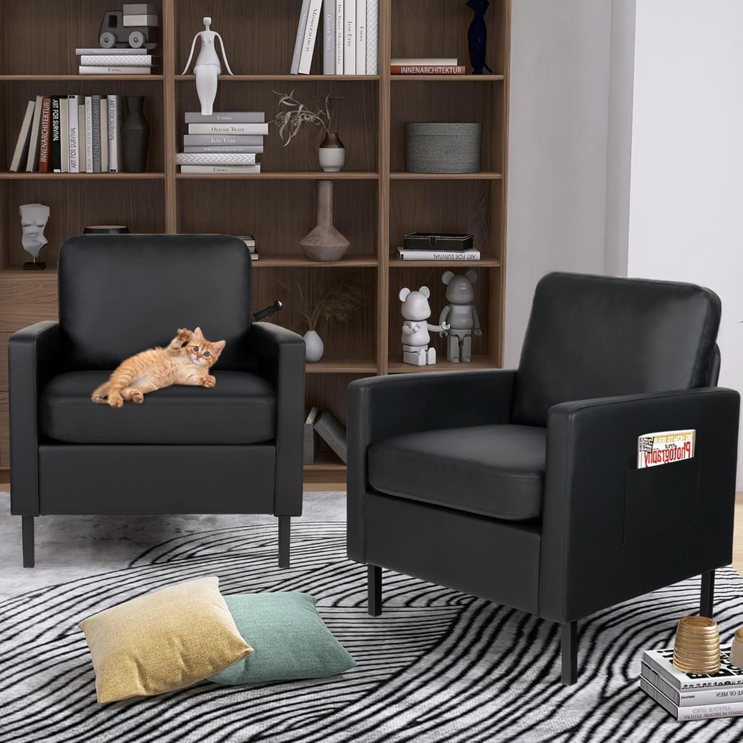 Black Faux Leather Accent Chair Set of 2 with Arms, Modern Small Accent Office Chair Set of 2, Occasional Chair for Living Room Bedroom with Metal Leg
