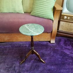Green Marble Top Wood tripod 3 legged table Vintage Plant Stand Smoking End