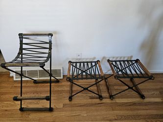 Cleo Baldon Campaign "X" Wrought Iron and Oak Bar Stool & 2 Cleo Baldon Campaign "X" Stools
